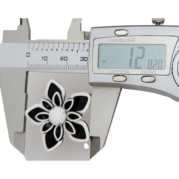 Black White Enamel Flower Brooch, Pin Pair - Picture 6 of 7